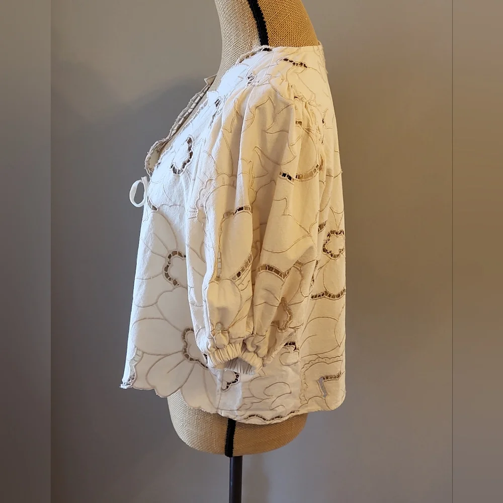 Free People Medium Cream/Ecru Lace Tie Front Blouse - Picture 6 of 10